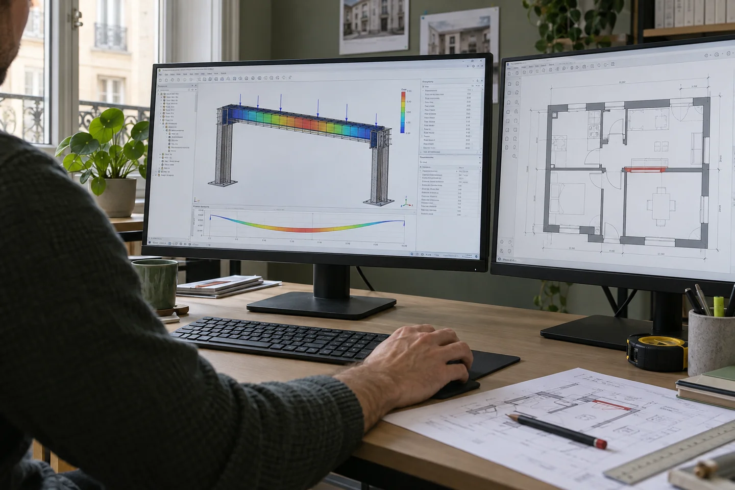 Vue d'un calcul de structure et de plans CAO sur ordinateur — Nos Murs Vue d'un calcul de structure et de plans CAO sur ordinateur