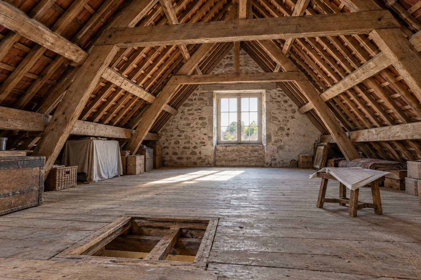 Charpente traditionnelle et plancher en bois dans un grenier avant aménagement