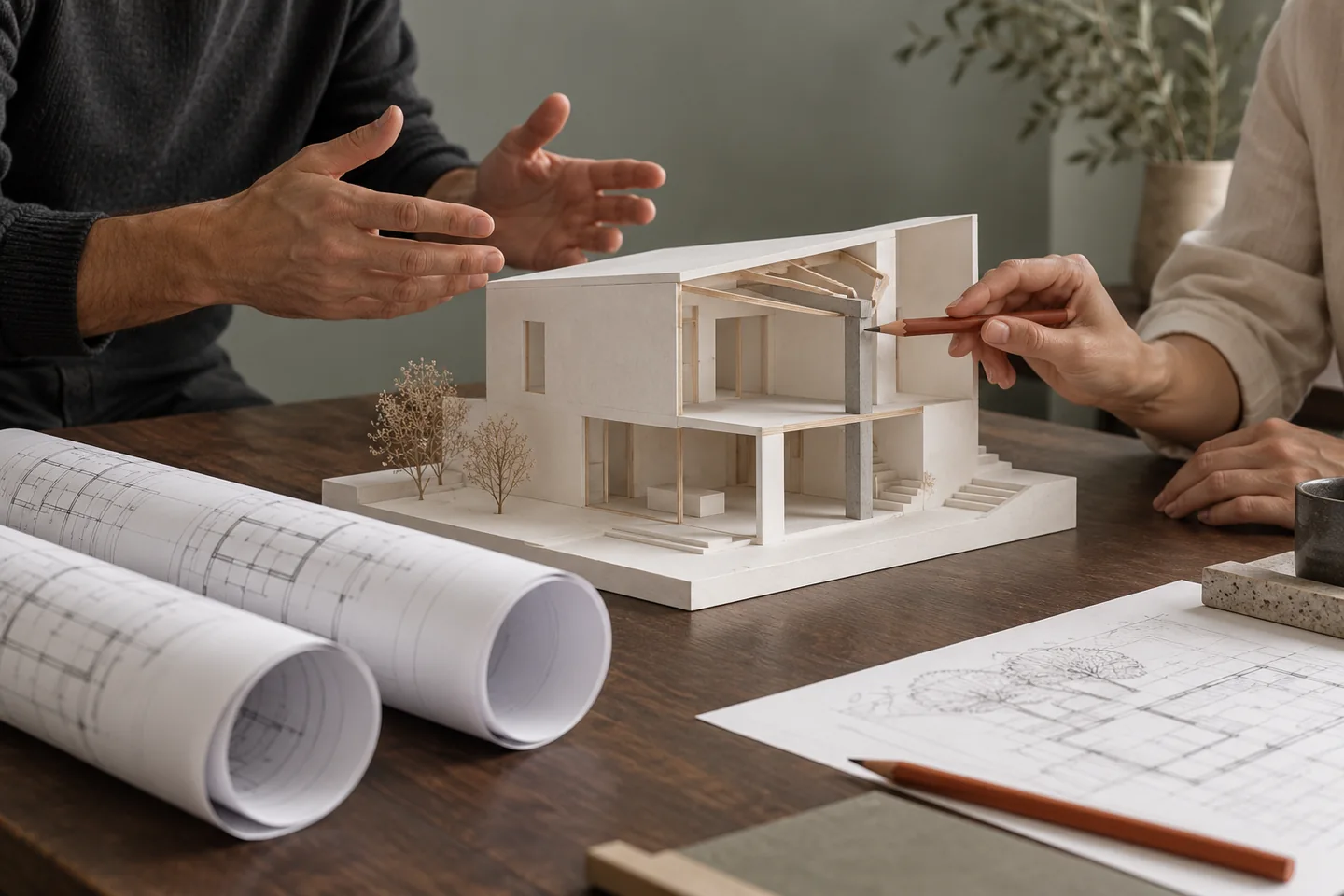 Coordination du projet architectural et de la structure — Nos Murs Échange autour de plans et d’une maquette montrant des éléments de structure
