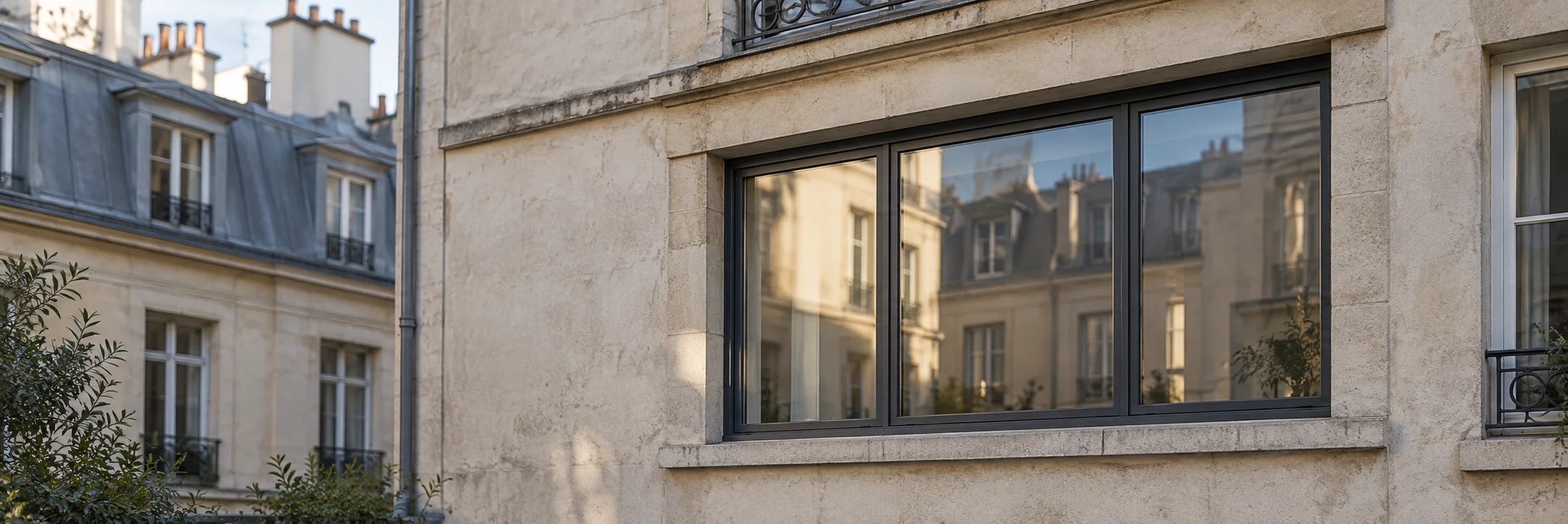 Baie vitrée avec allège et encadrement maçonné dans une façade parisienne côté cour
