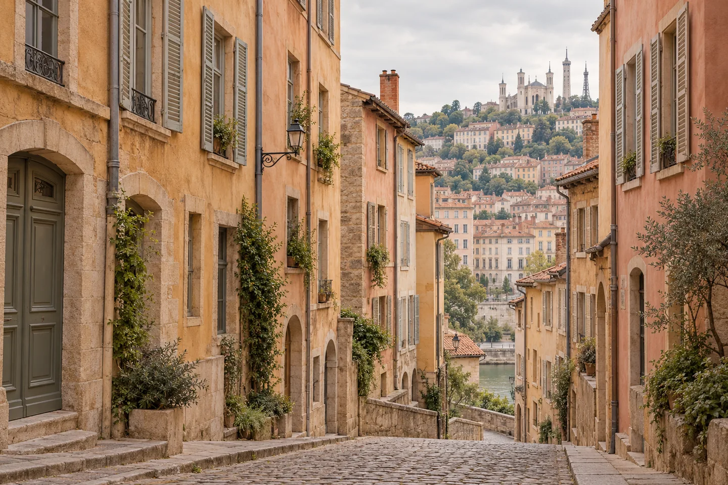 Rue en pente bordée d’immeubles anciens et panorama urbain lyonnais