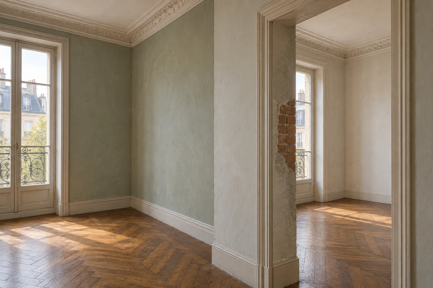 Paroi enduite séparant deux pièces dans un appartement ancien