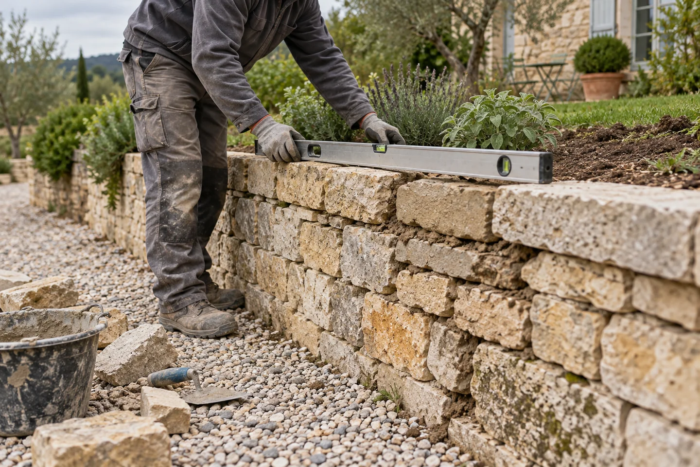 Contrôle de l'alignement d'un mur de soutènement en pierre — Nos Murs Contrôle de l'alignement d'un mur de soutènement en pierre