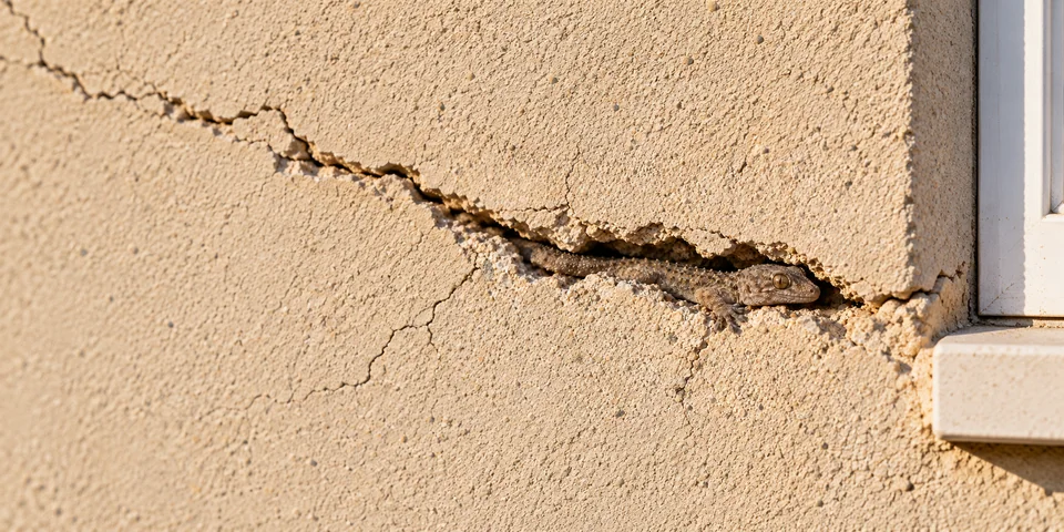 Fissure irrégulière dans un mur enduit près d’une fenêtre, avec une tarente abritée dans le creux