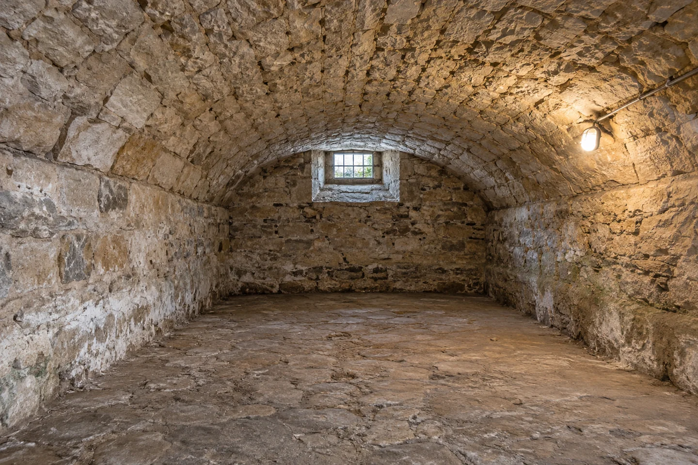 Voûte en maçonnerie de pierre et murs latéraux d’une cave ancienne