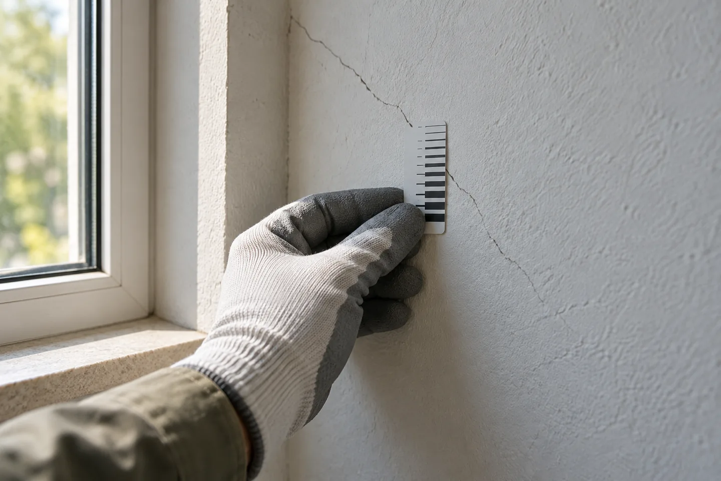 Observation d’une fissure dans un mur enduit près d’une fenêtre avec un comparateur visuel