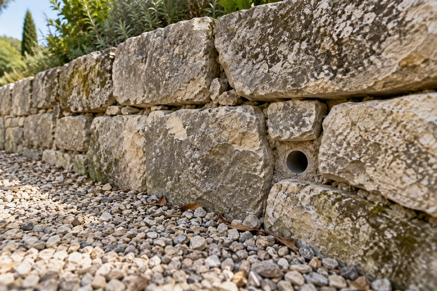 Barbacane et drainage au pied d'un mur de soutènement en pierre — Nos Murs Barbacane et drainage au pied d'un mur de soutènement en pierre