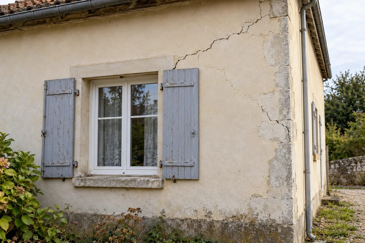 Observer une façade fissurée avant un achat — Nos Murs Fissures sur l’enduit autour d’une fenêtre et près de l’angle d’une maison ancienne