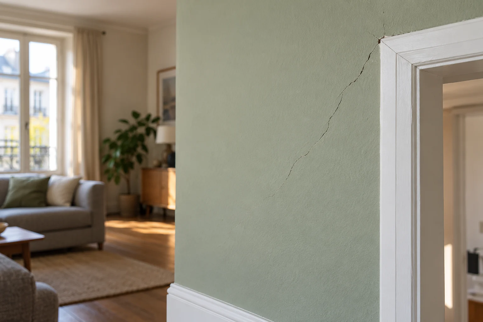 Fissure diagonale près d’une porte sur un mur intérieur peint en vert pistache