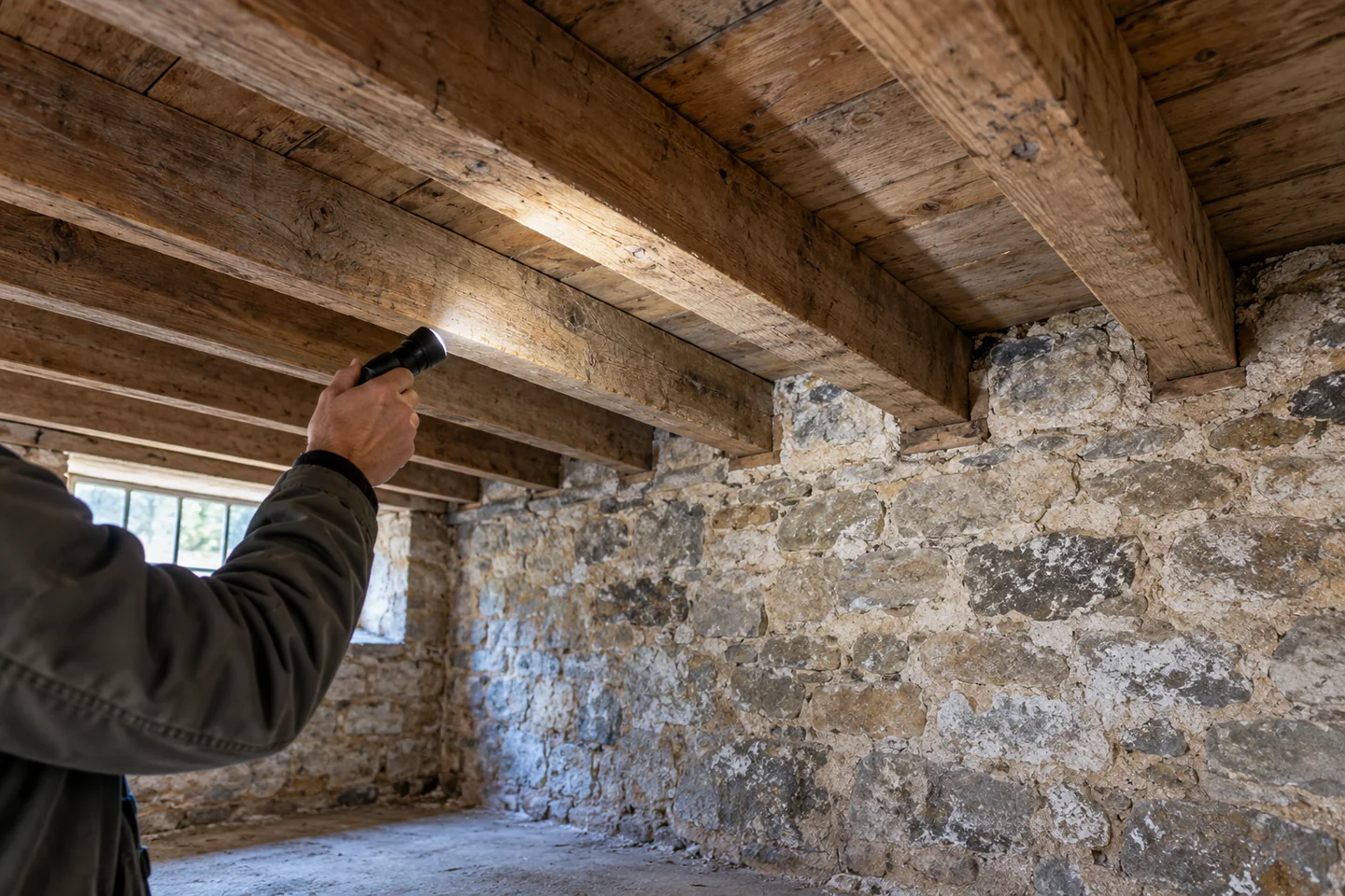 Observation de solives en bois et de leurs appuis dans un bâtiment ancien