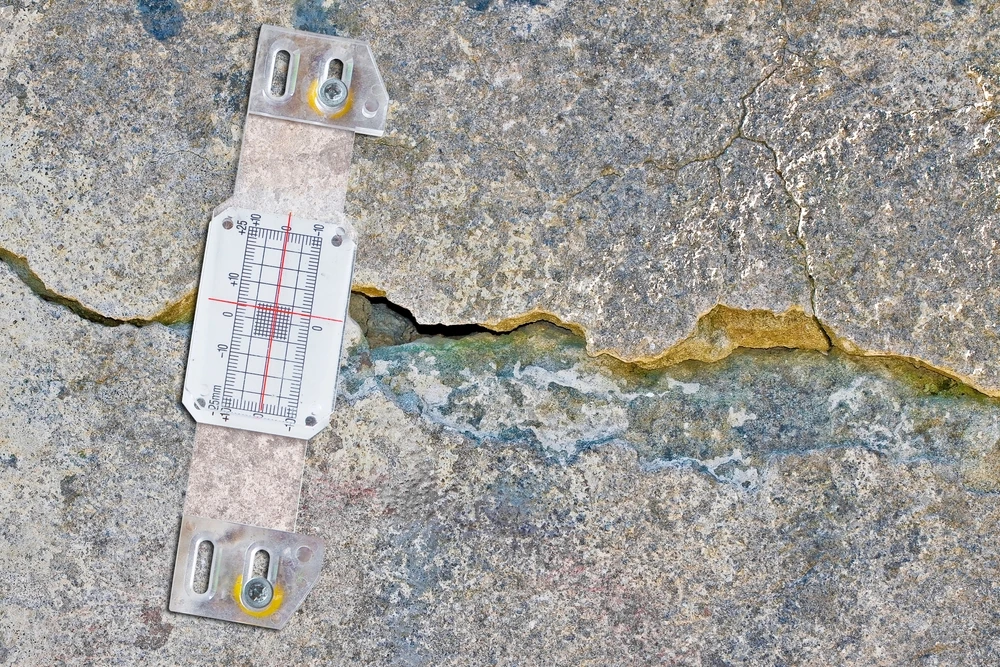 Suivi des fissures — Nos Murs Jauge graduée orientée verticalement en travers d’une fissure horizontale