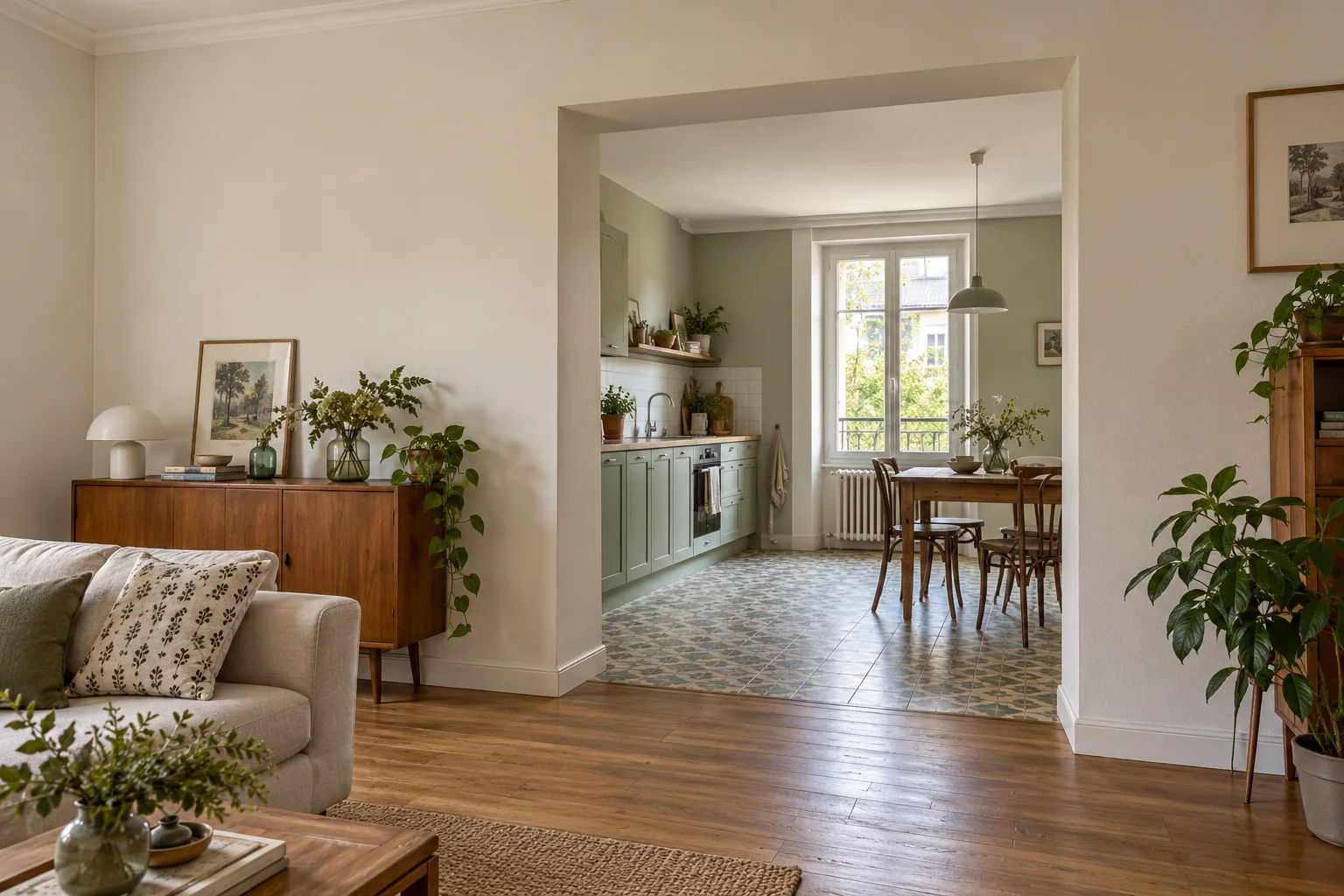 Liaison intérieure entre deux espaces de logement — Nos Murs Large passage dans une paroi enduite reliant un séjour et un espace avec cuisine au même niveau