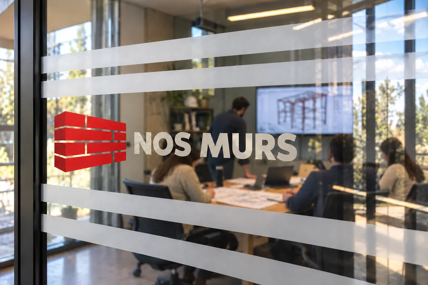 Bureau d’études structure Nos Murs Logo Nos Murs sur une vitre devant une réunion d’ingénieurs floutée