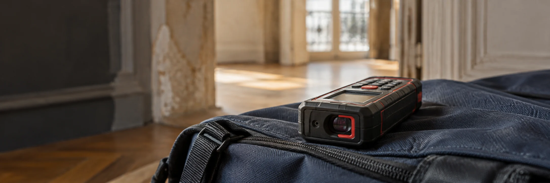 Télémètre posé sur une sacoche lors d’un relevé dans un appartement