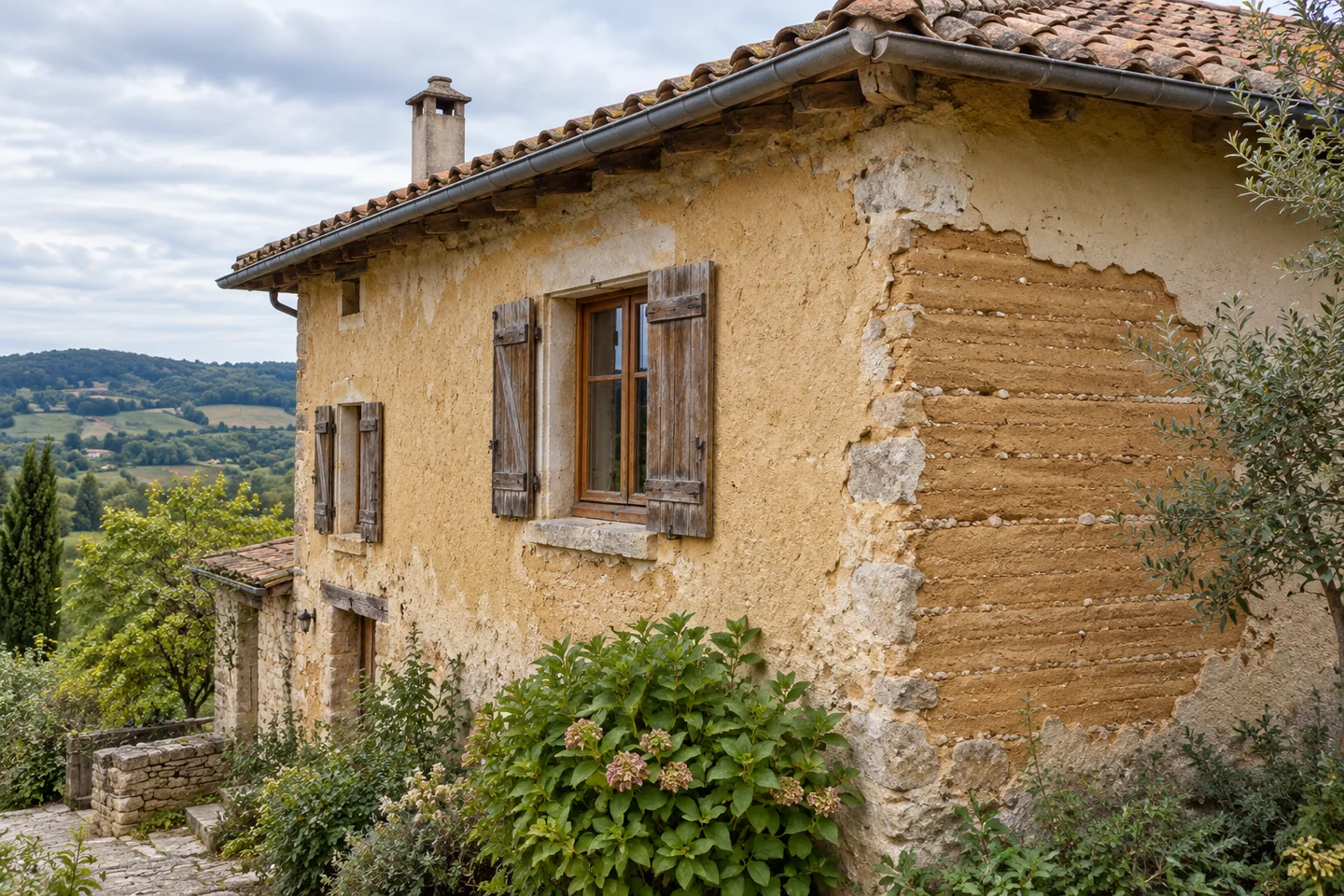 Observer un mur en terre compactée — Nos Murs Maison ancienne avec enduit partiellement manquant laissant apparaître des couches de terre compactée