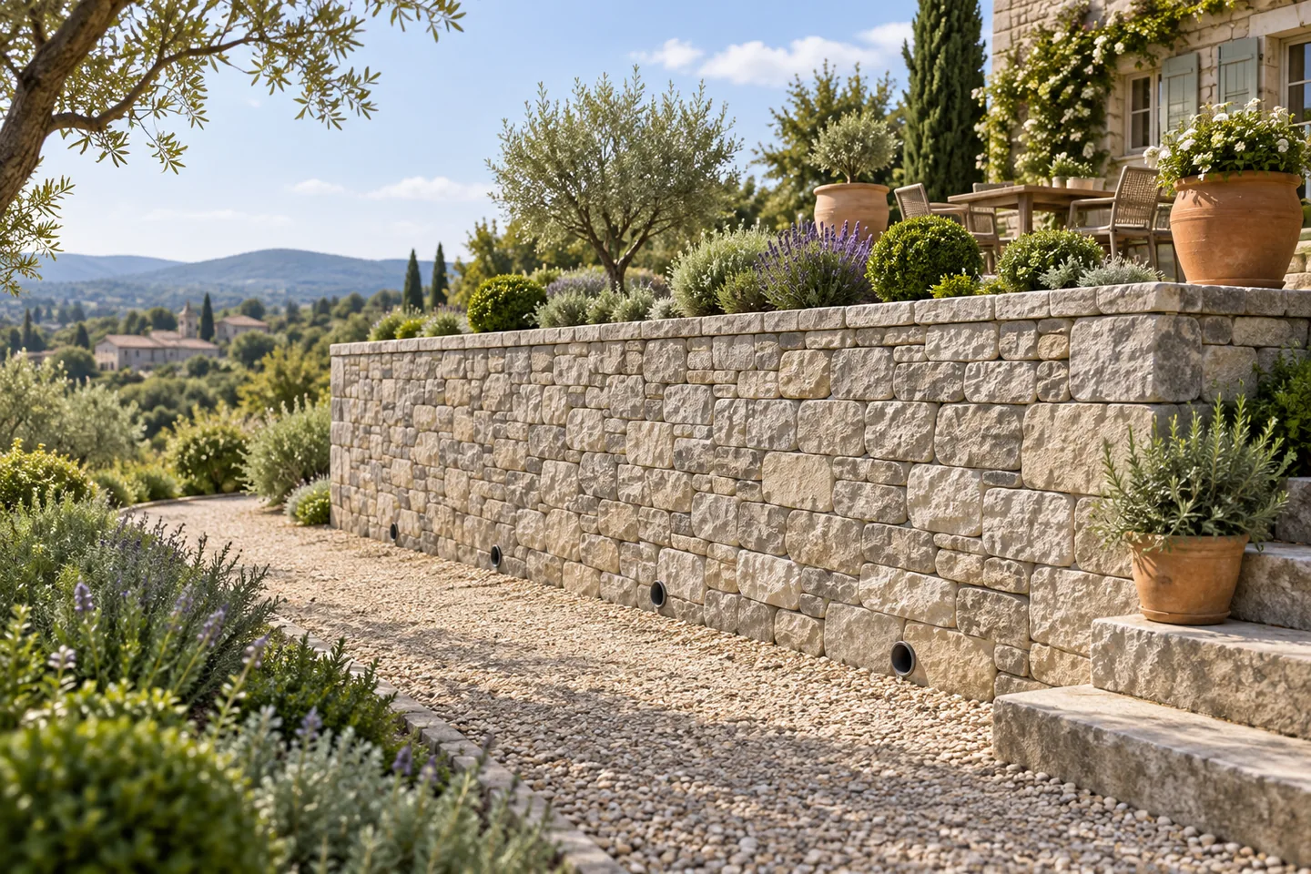 Mur de soutènement en pierre retenant une terrasse de jardin