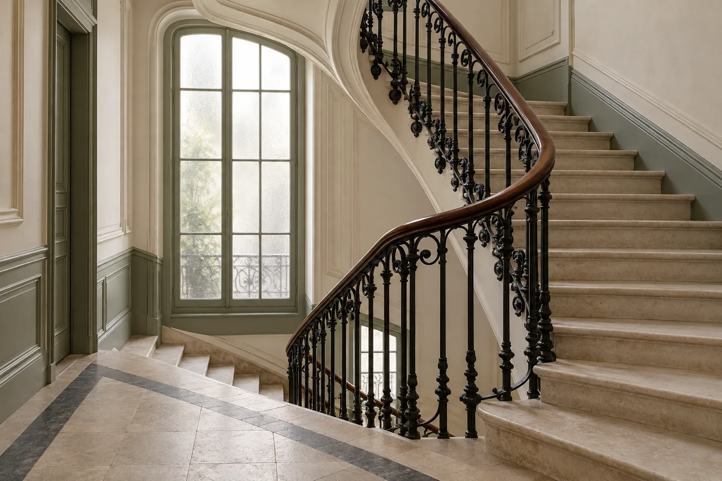 Escalier et palier communs dans un immeuble ancien