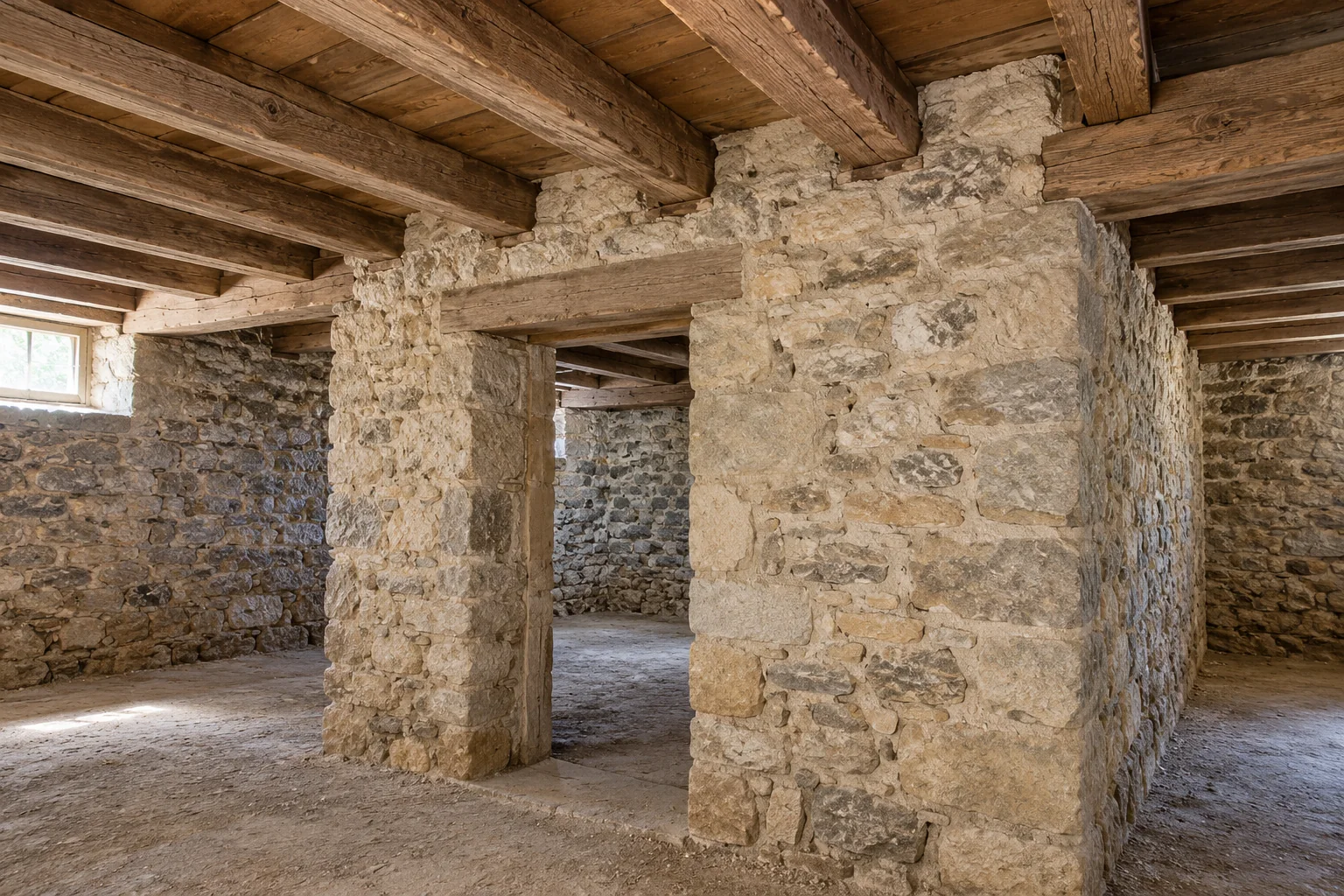 Appuis des solives sur un mur intérieur — Nos Murs Solives en bois reposant sur un mur intérieur en pierre, vues depuis une cave