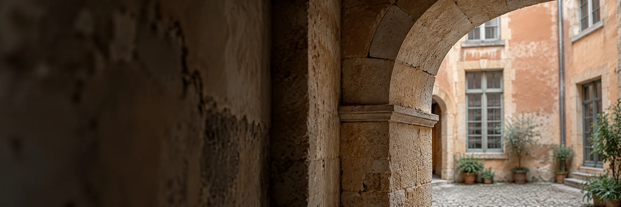 Passage voûté en pierre ouvrant sur une cour d’immeuble ancien