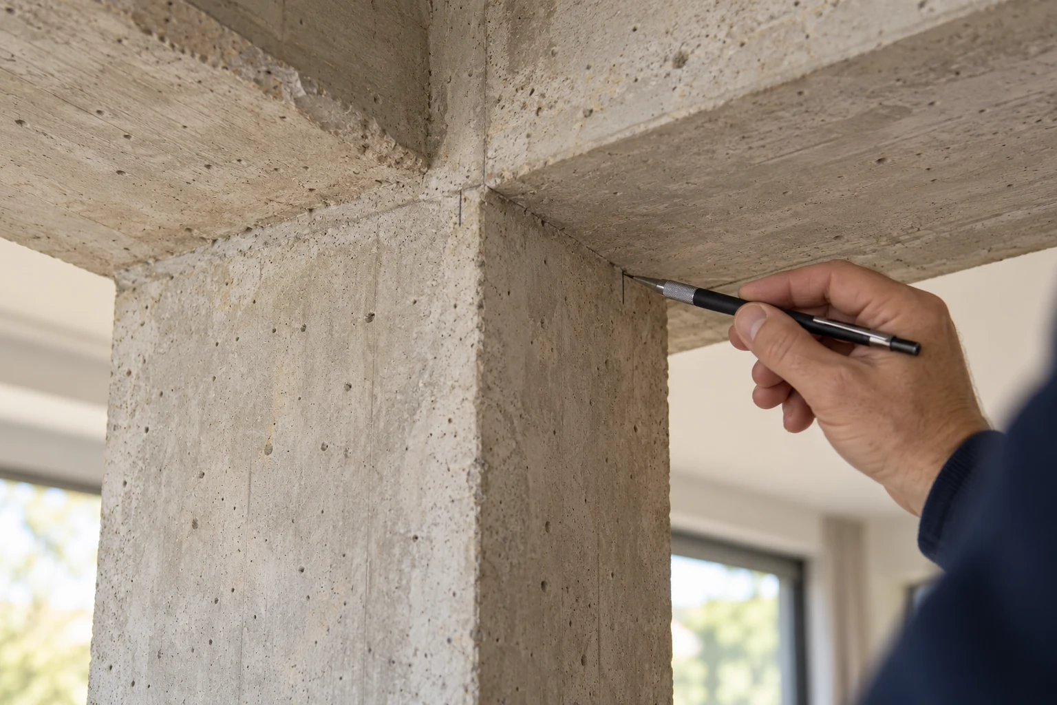 Liaison poteau-poutre avant une dépose de poteau porteur — Nos Murs Détail de la jonction entre un poteau porteur en béton et une poutre, observée lors d’un relevé