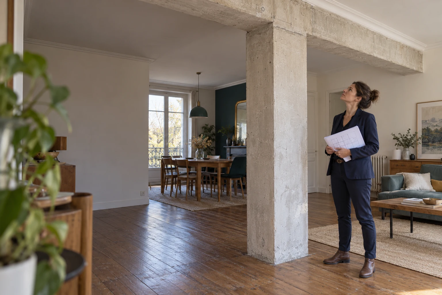 Ingénieure observant la liaison entre un poteau central en béton et la poutre d’un séjour