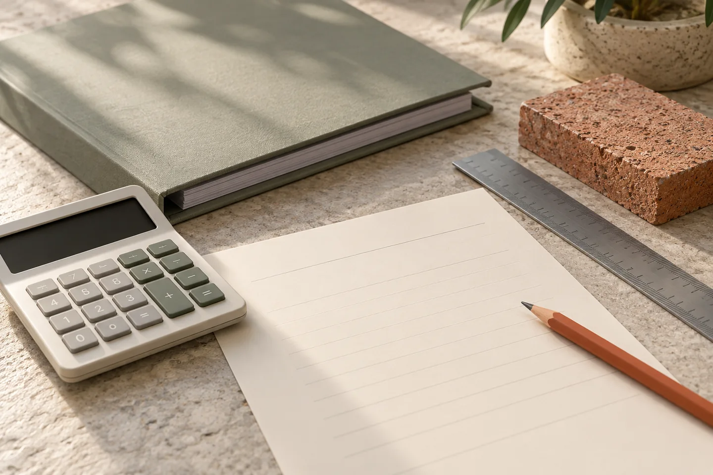 Calculatrice, carnet et échantillons de matériaux sur un bureau
