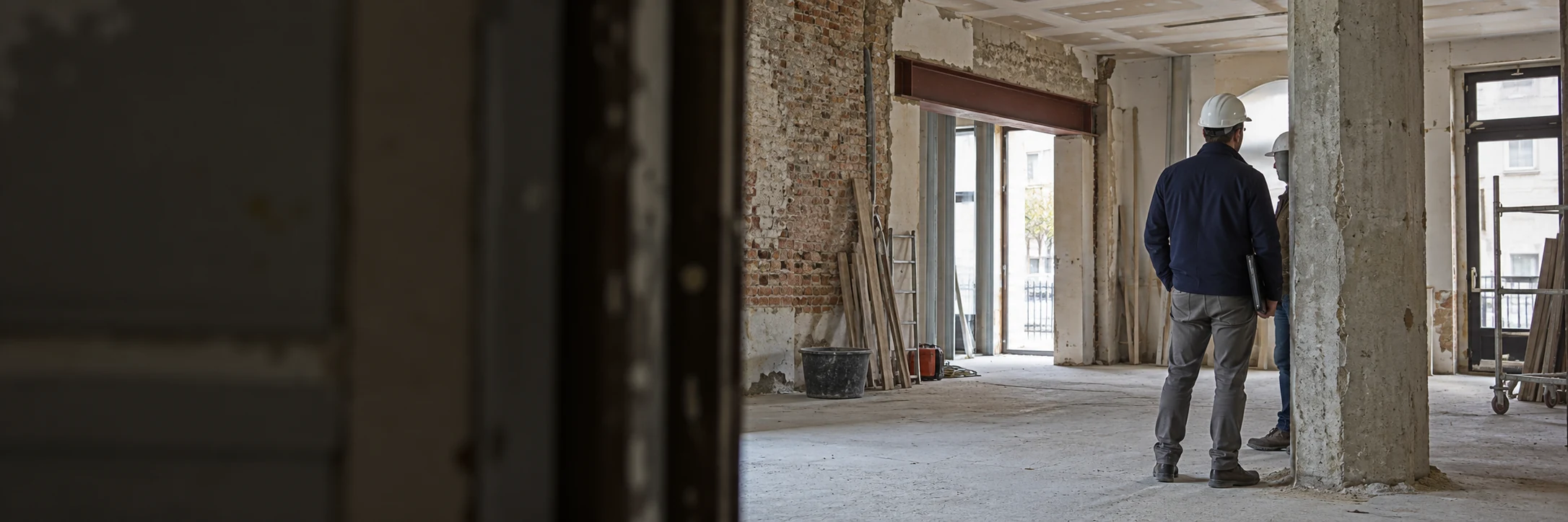 Coordination en chantier de rénovation — Nos Murs Deux intervenants avec casques échangeant près d’une ouverture renforcée dans un bâtiment en rénovation
