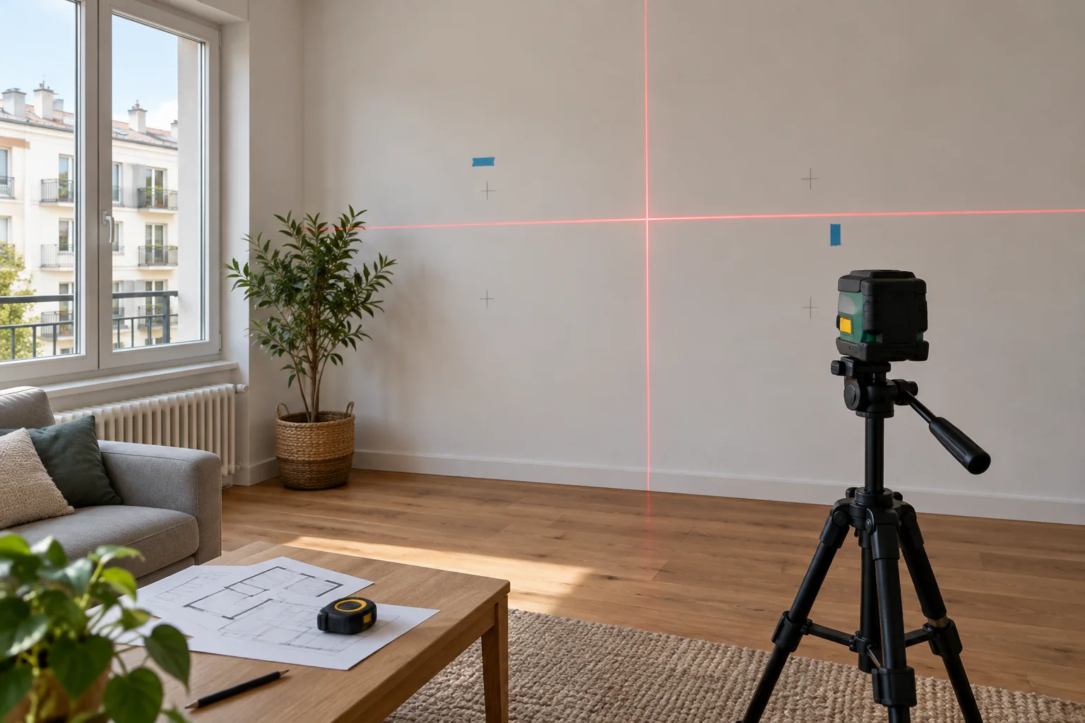 Relevé d’un mur dans un appartement — Nos Murs Repères au crayon et ligne de niveau laser sur un mur peint pendant un relevé dans un appartement
