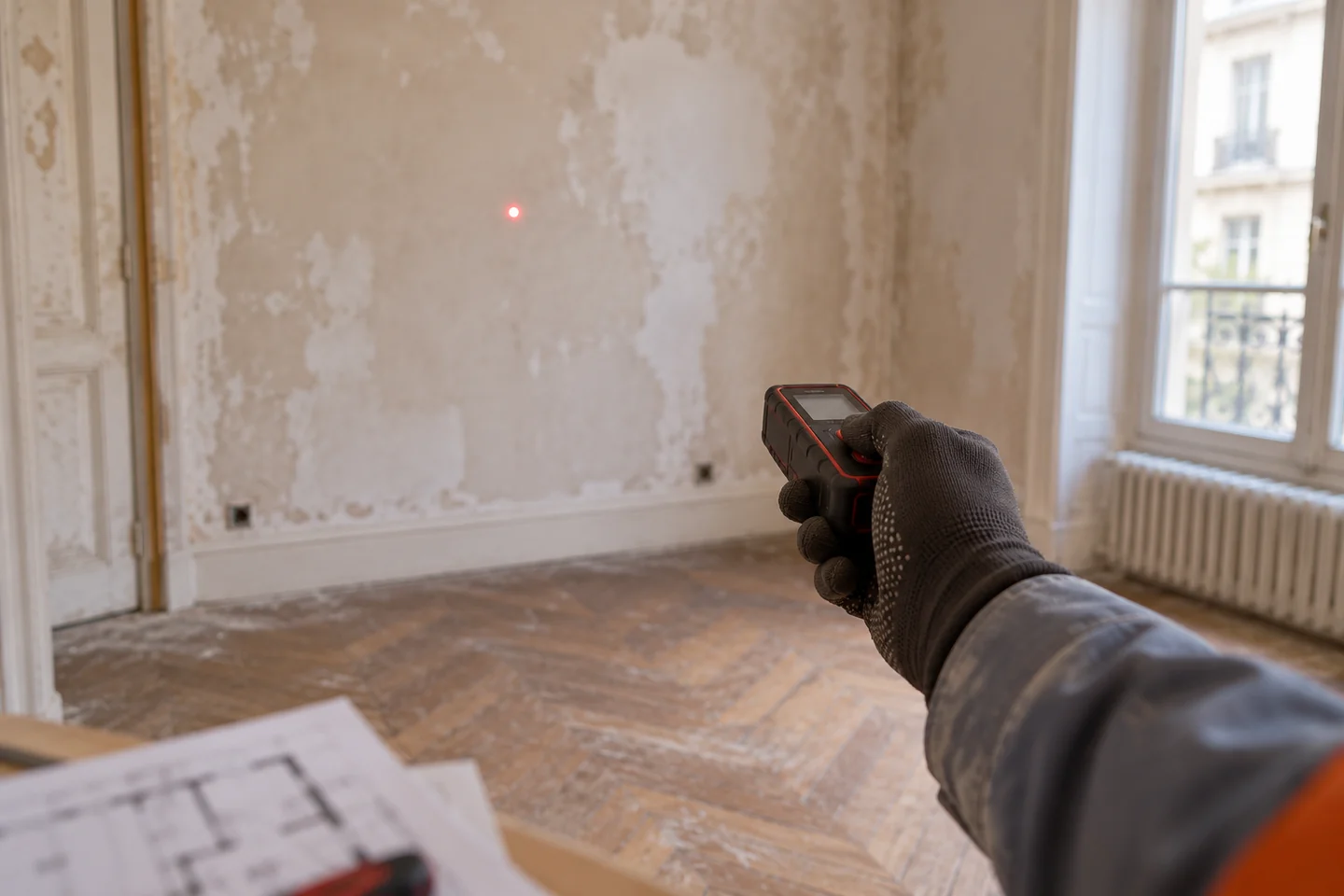 Relevé des dimensions d’une pièce au télémètre laser dans un logement en rénovation