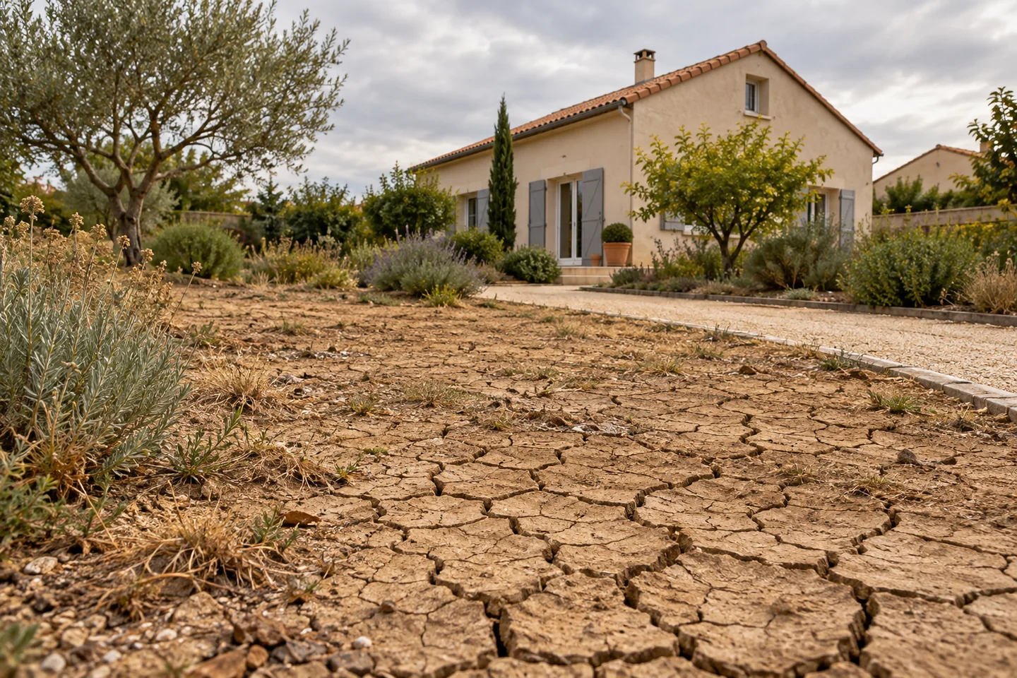 Sol sec fissuré au premier plan d’une maison enduite