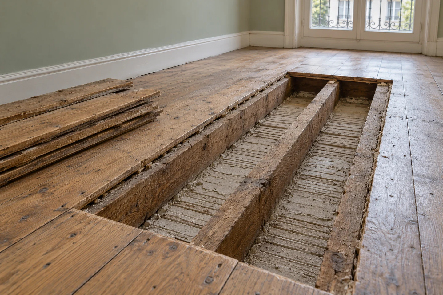 Reconnaissance du plancher bois avant étude — Nos Murs Solives anciennes découvertes après dépose localisée des lames de plancher
