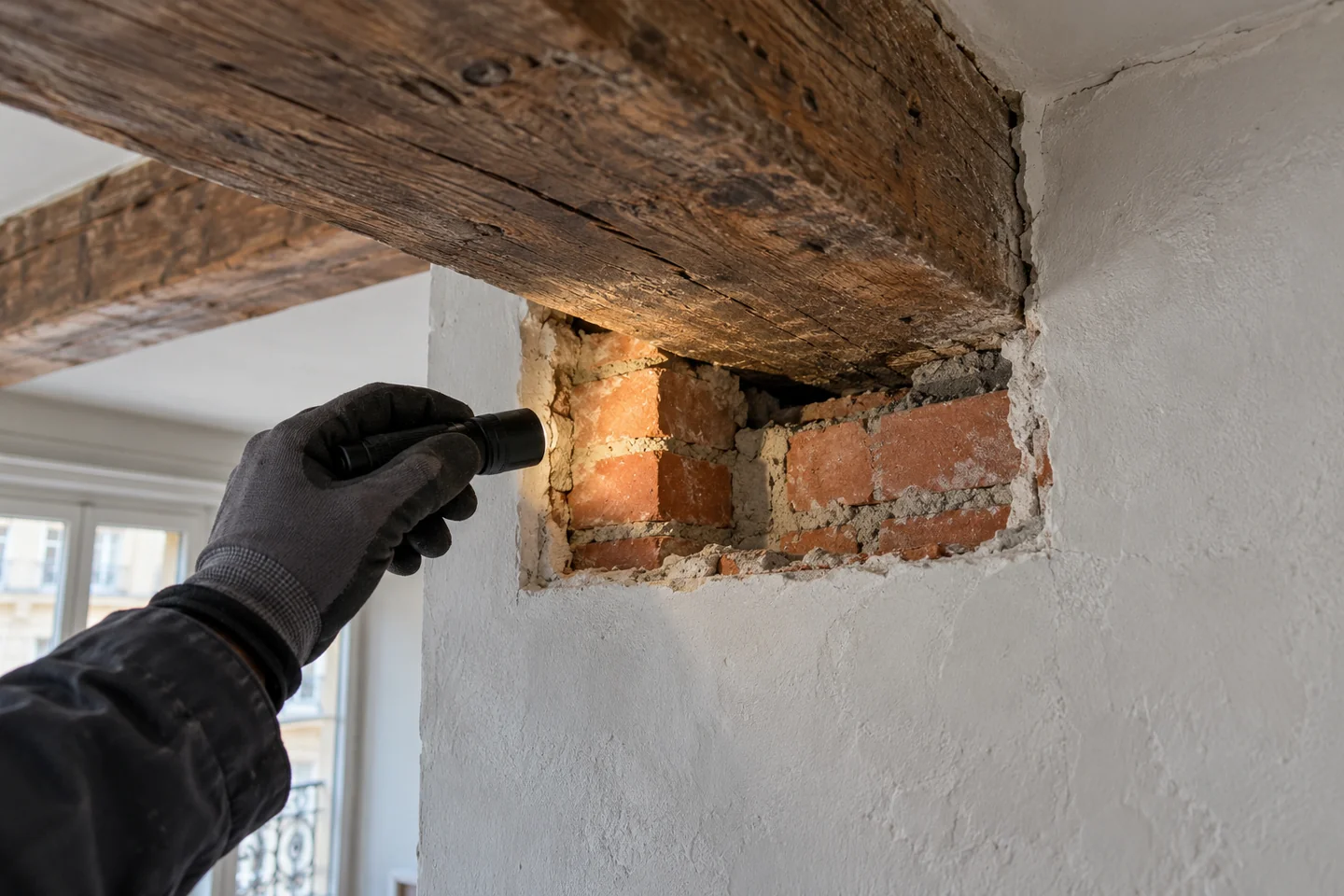 Reconnaître une liaison cachée — Nos Murs Observation à la lampe d’une liaison entre une pièce de bois et une maçonnerie découverte