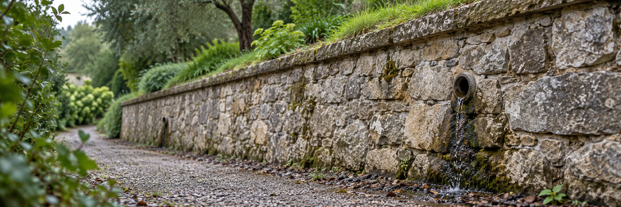 Mur de soutènement en pierre retenant un jardin, avec une barbacane et un écoulement d’eau