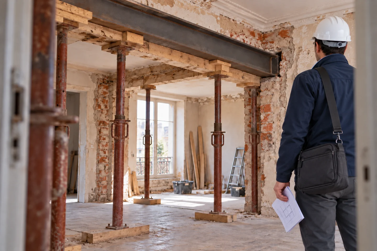 Suivi de chantier structure — Nos Murs Ingénieur de dos avec plans pliés et sac d’ordinateur lors d’une visite de chantier