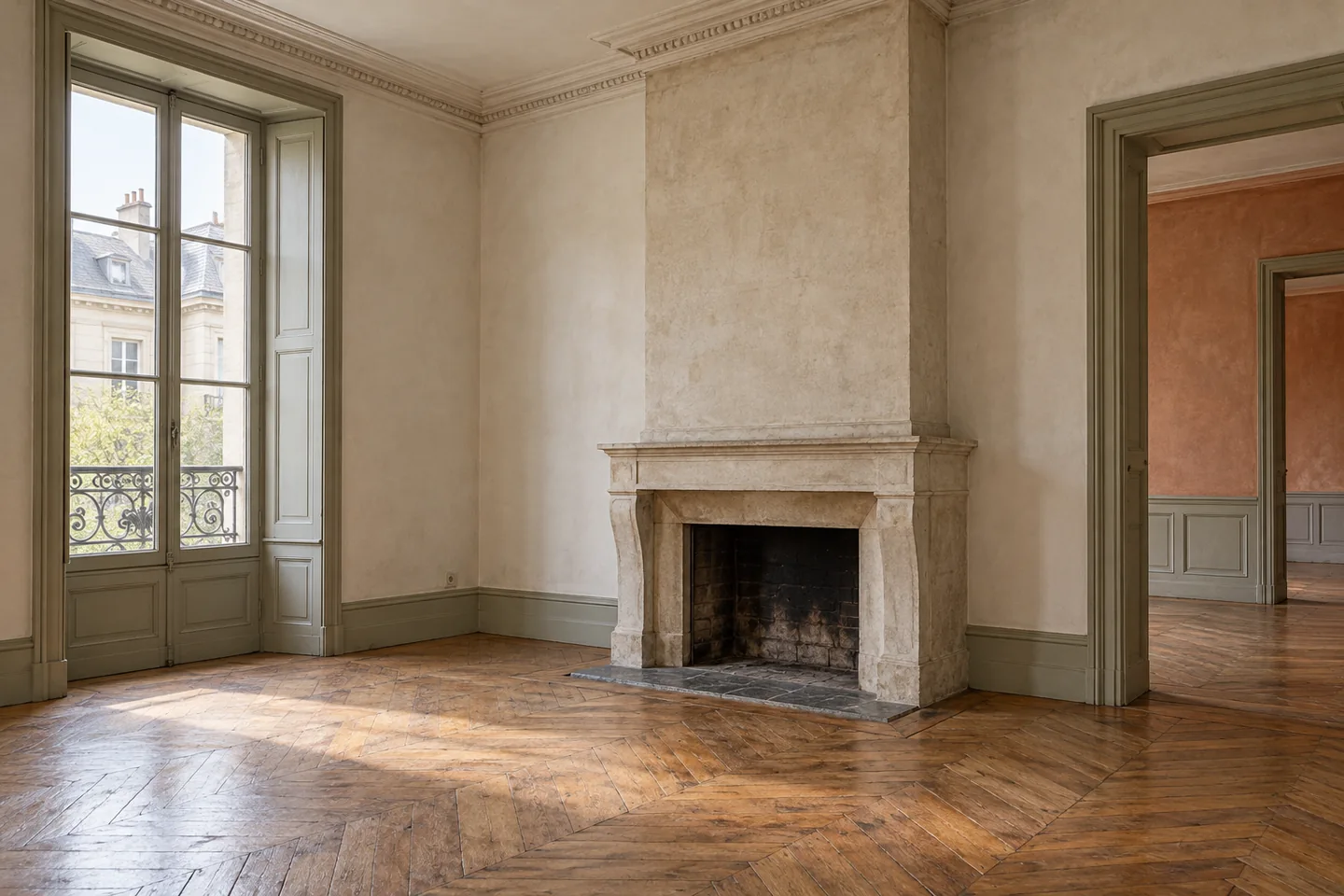 Cheminée ancienne et coffre enduit dans une pièce d’appartement