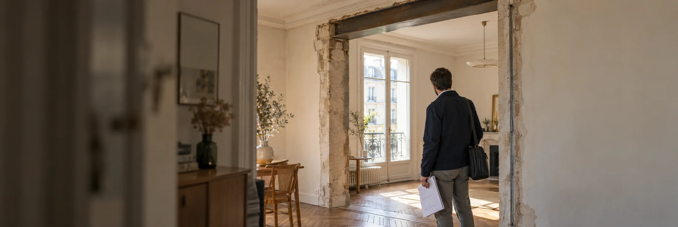 Ingénieur de dos observant une ouverture dans un appartement